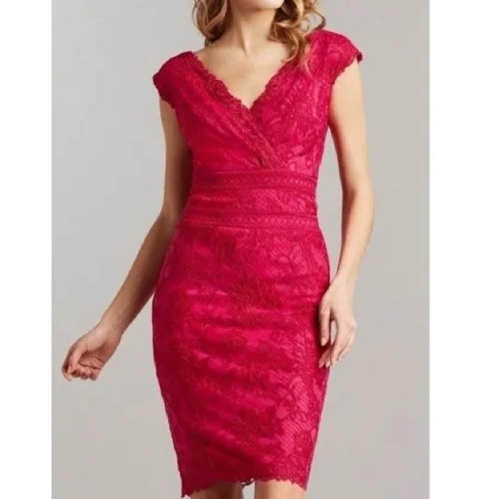 Tadashi Shoji Red Lace Sheath Dress Size 8 Cocktail Formal